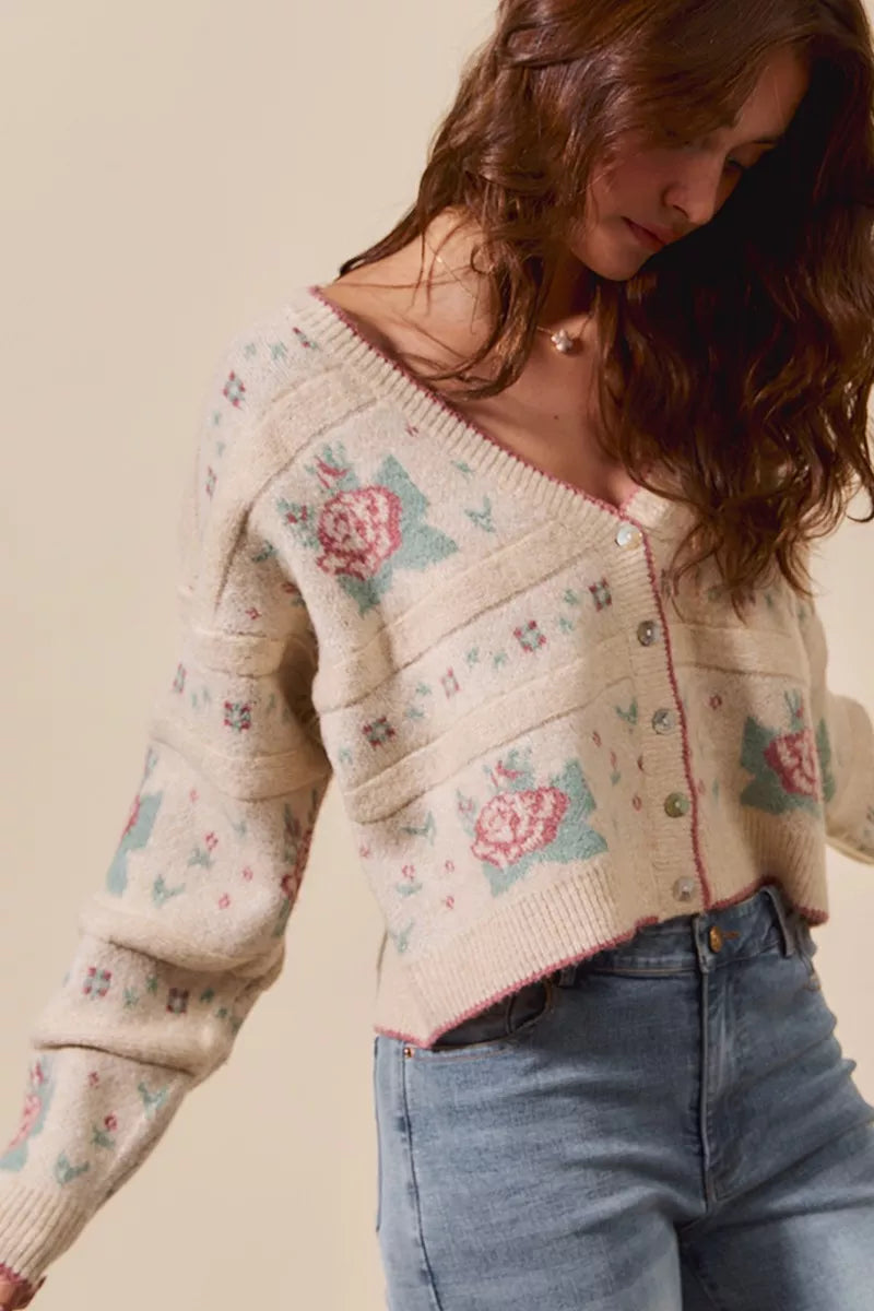 SO ME Floral Pattern Long Sleeve Button Sweater Cardigan