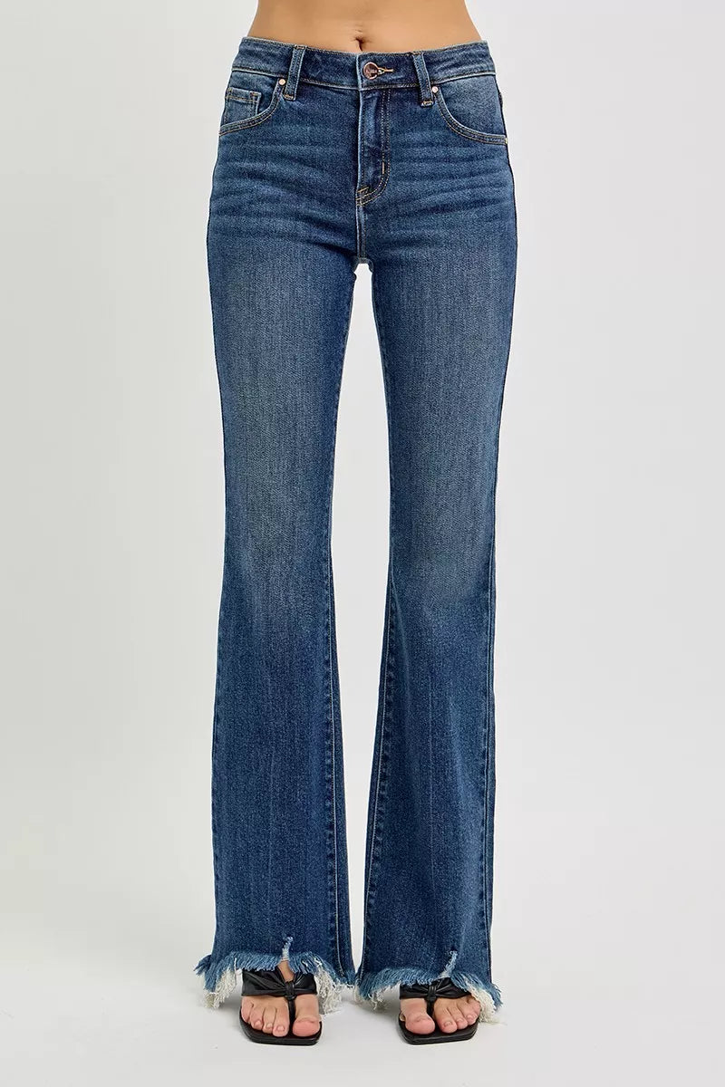 Mid Rise Flare Frayed Hem Jeans