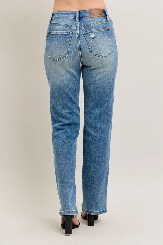 High Waist Front Seam & Slit Straight Jeans