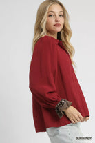 Half Button Blouse with Leopard Print Trim