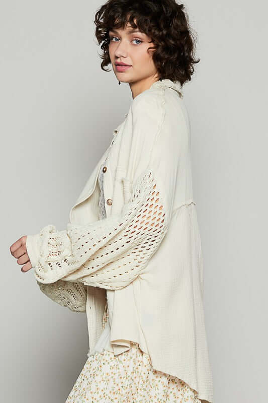 POL Openwork Lantern Sleeve Button Down Gauze Shirt