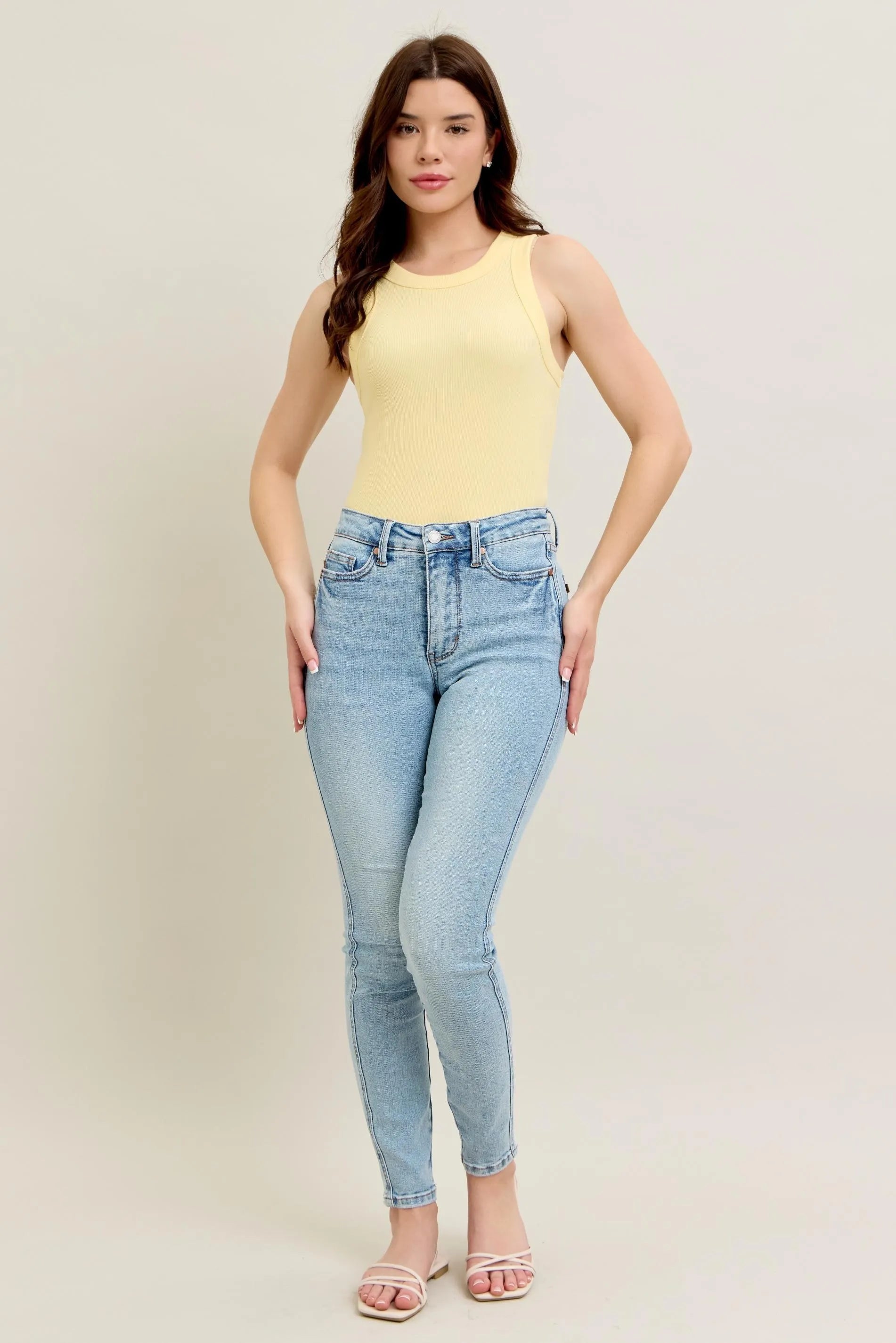 Mid Rise Tummy Control Vintage Wash Skinny Jeans