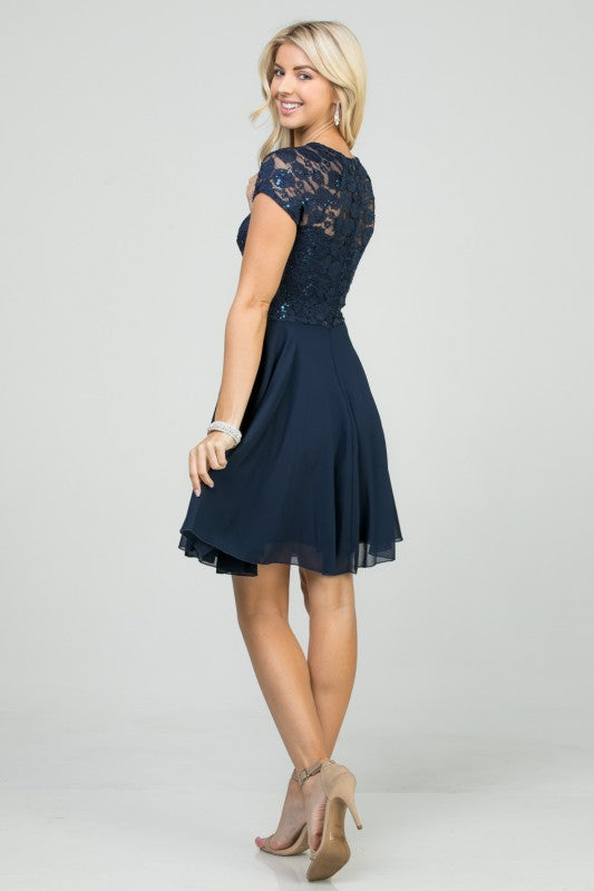 Lace Bodice Beaded Belt Chiffon Mini Dress