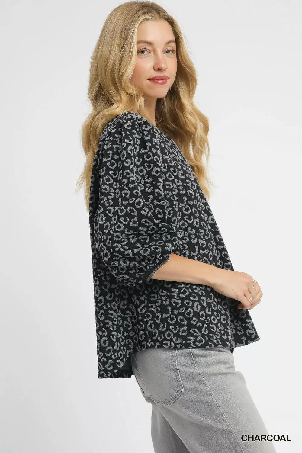 Leopard Print Jacquard Blouse with Puff Sleeves