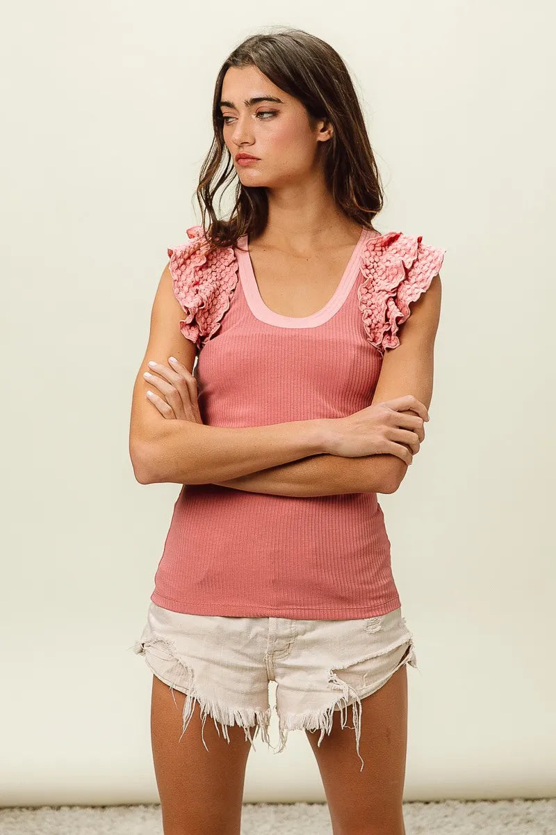 Rib Knit Ruffled Tank Top