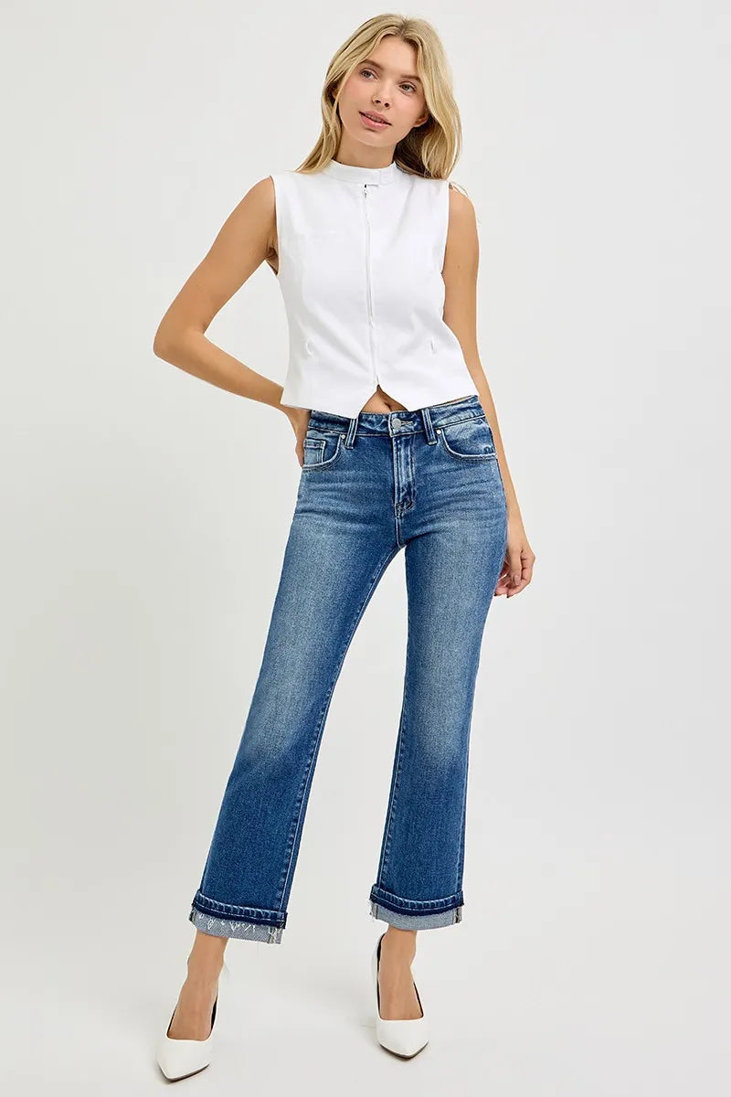 Mid Rise Ankle Straight Cuffed Jeans