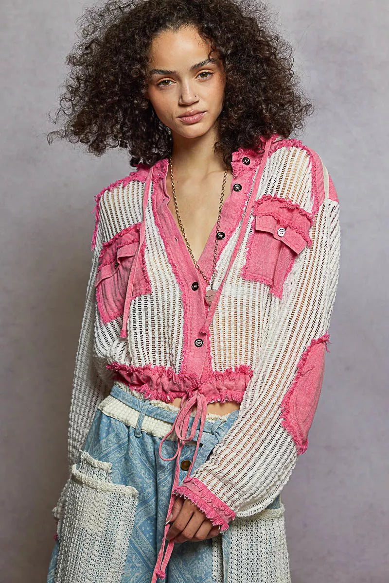 POL Texture Woven Button Down Hooded Shirt with Drawstring Hem