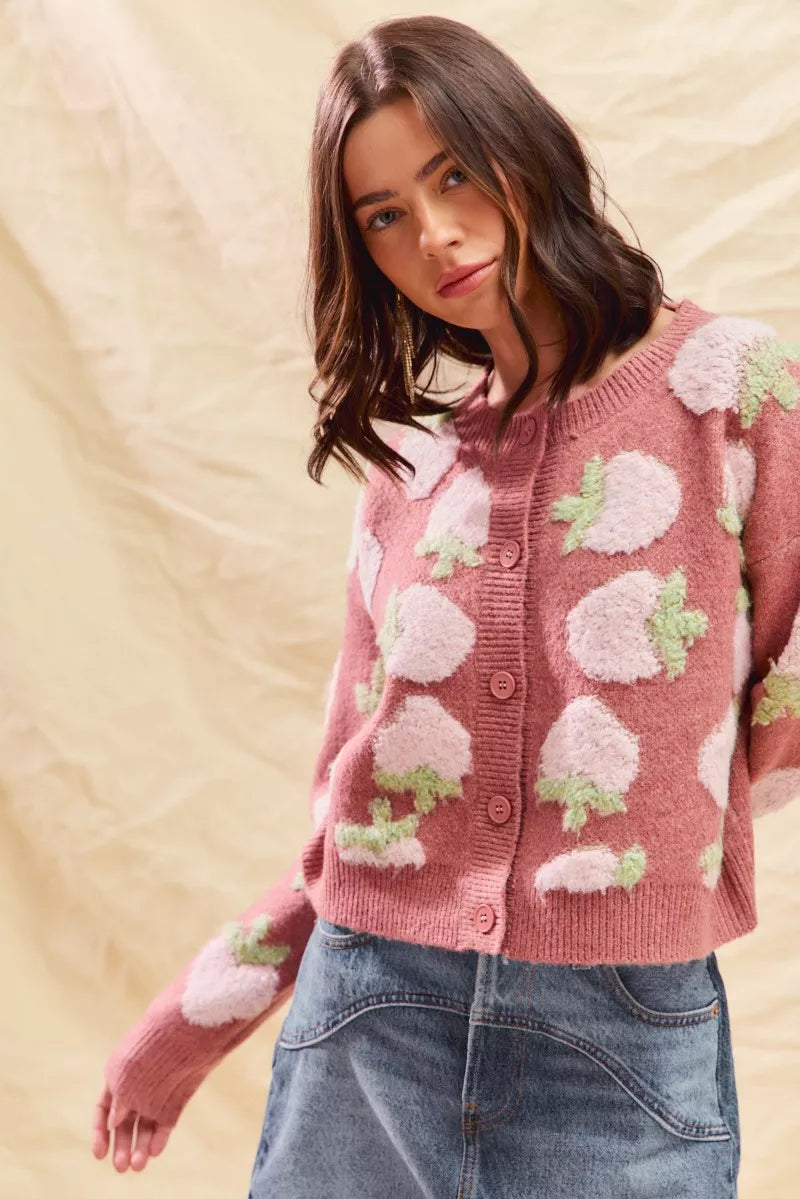 Strawberry Pattern Button-Up Cardigan