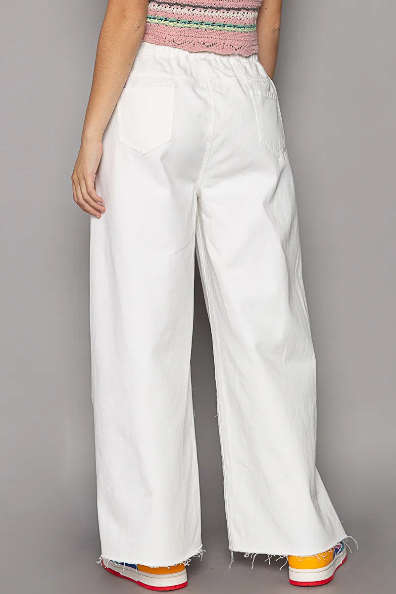 Distressed Drawstring Slit Wide leg Pants