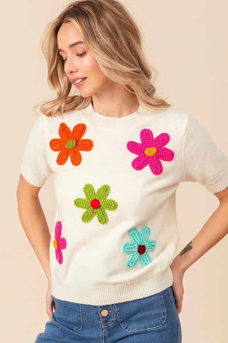 Crochet Flower Patch Sweater Top