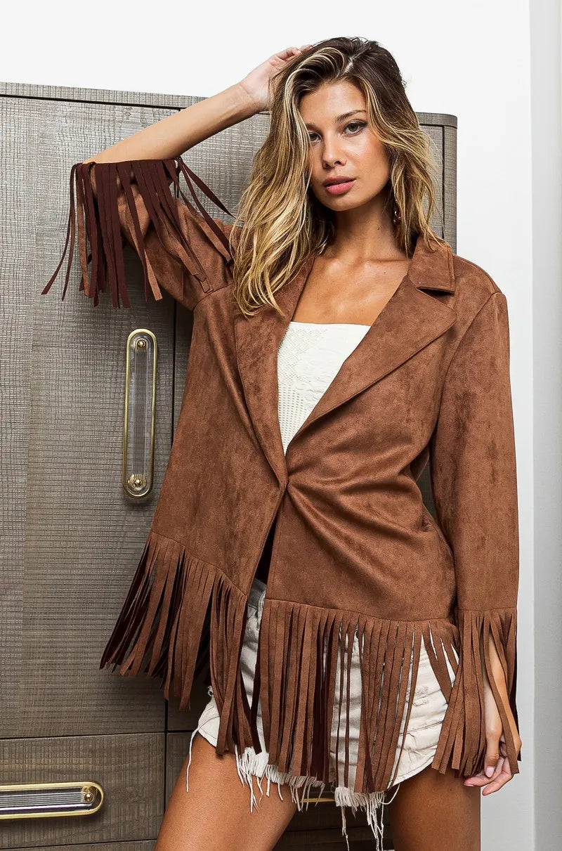 Faux Suede Blazer with Fringed Hem