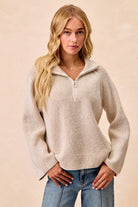 Rib Textured Knit Collared Top with Zip Up