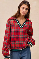 BiBi Christmas Plaid Collared Top with Ruffled Detail