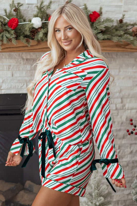 Christmas Stripe Velvet Bow Pajama Set