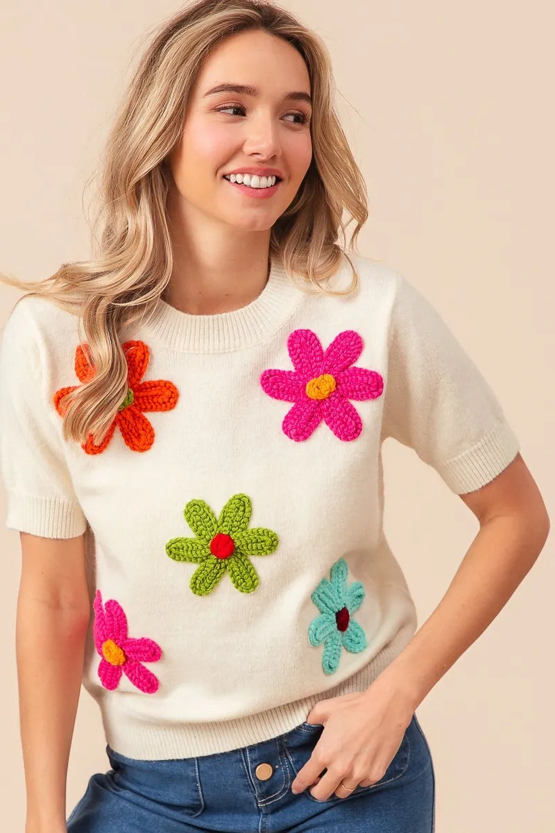 Crochet Flower Patch Sweater Top