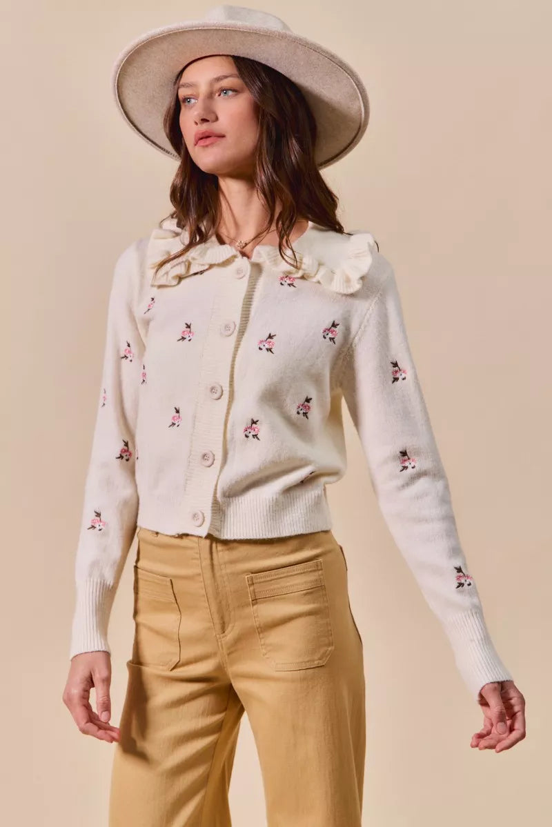 Collared Floral Embroidered Button Down Cardigan