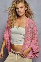 Openwork Chenille Cardigan with Contrast Floral