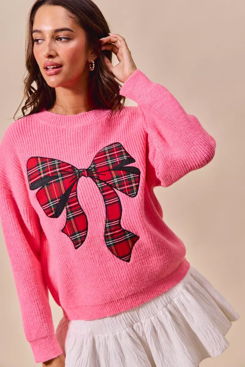 Plaid Ribbon Christmas Sweater