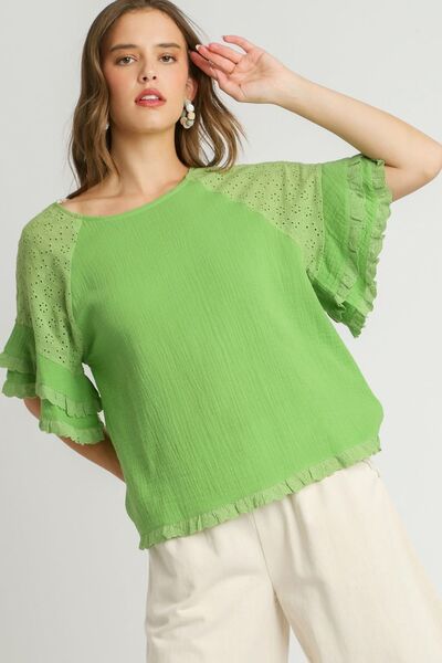 Umgee Full Size Cotton Gauze Round Neck Ruffle Eyelet Layered Sleeve Blouse Plus Size