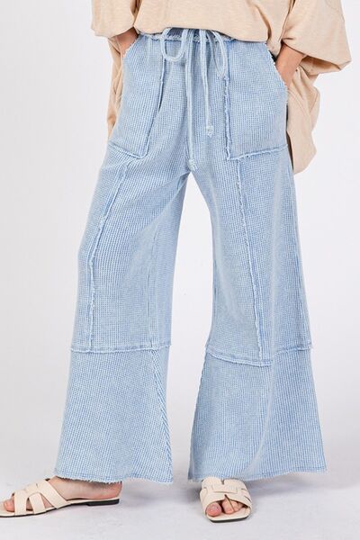 Waffle Textured Wide Leg Mineral Washed Pants