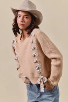 Plaid Tape Lace Up Ribbed Sweater