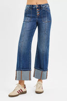 High Rise Crop Wide Straight Cuffed Jeans