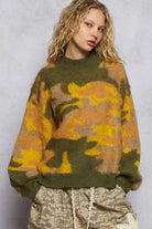 POL Mock Neck Abstract Colorblock Pattern Sweater
