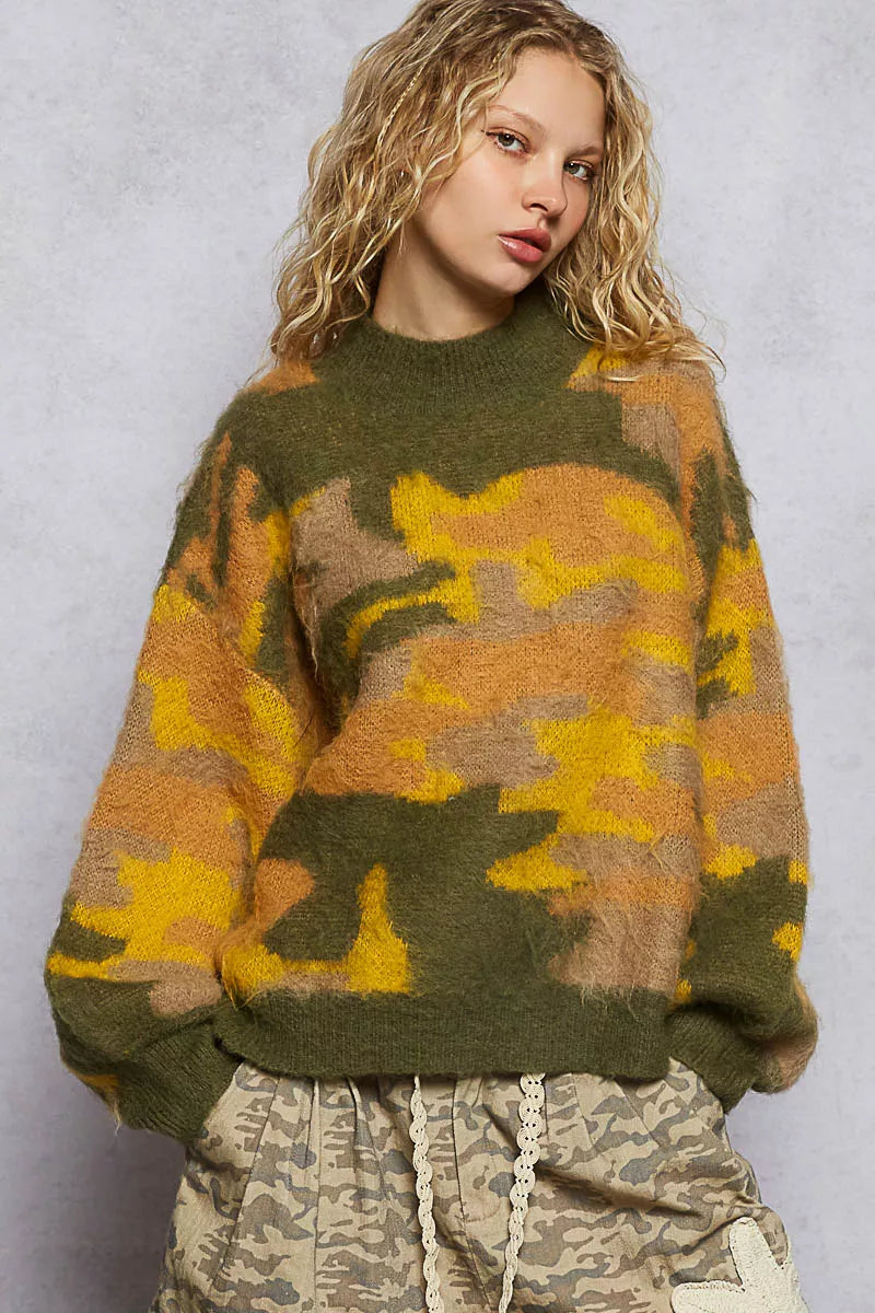 POL Mock Neck Abstract Colorblock Pattern Sweater