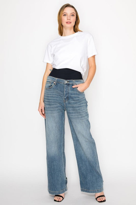 Adjustable Hem Knit Band Wide Leg Jeans