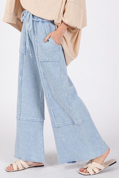 Waffle Textured Wide Leg Mineral Washed Pants