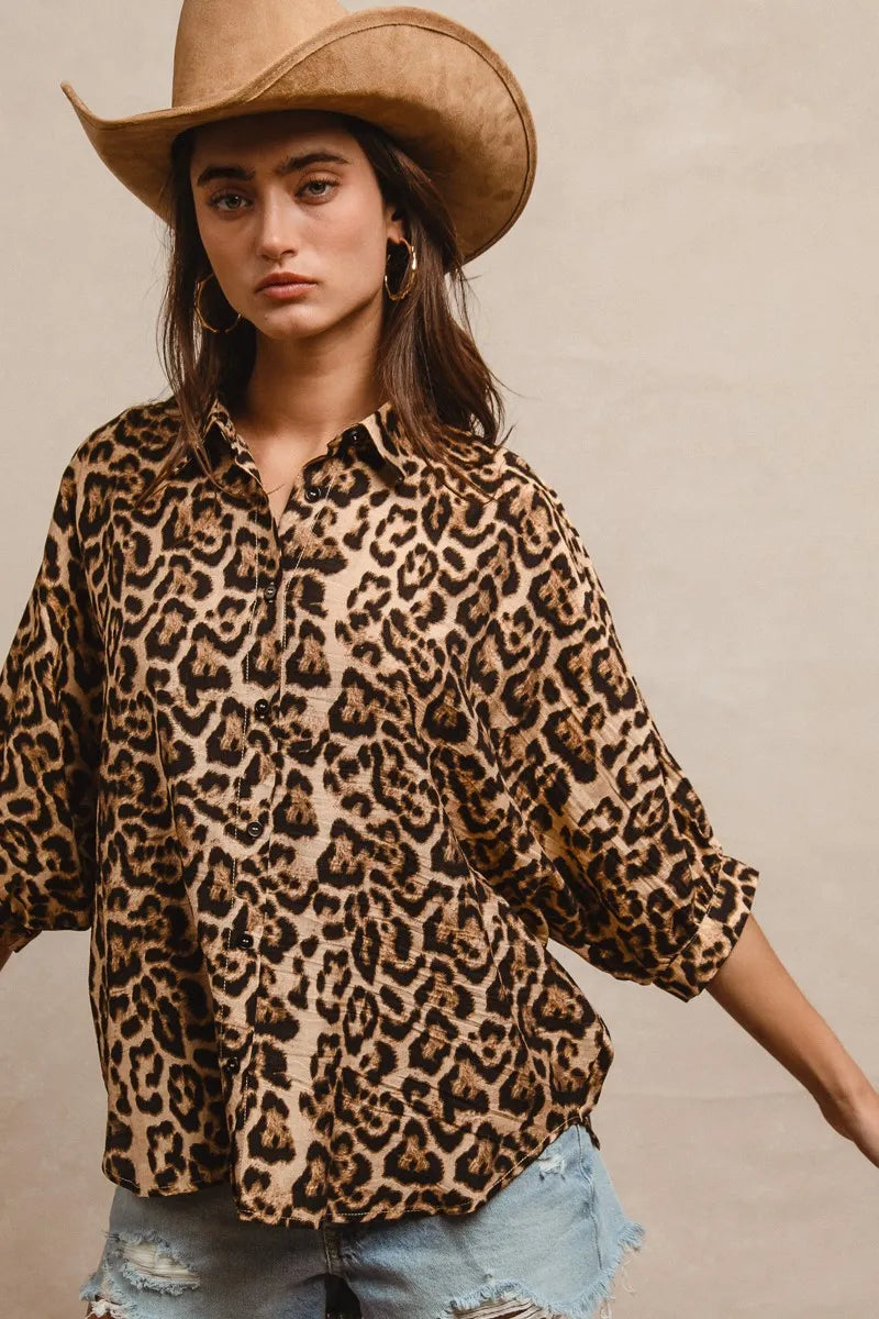 BiBi Leopard Prints Overseized Short Sleeves Top