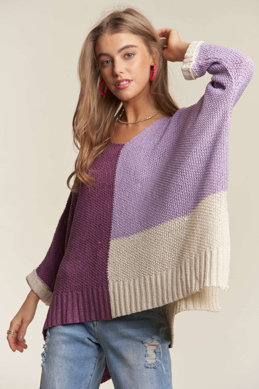 ADORA Side Slit Color Block Long Sleeve Sweater