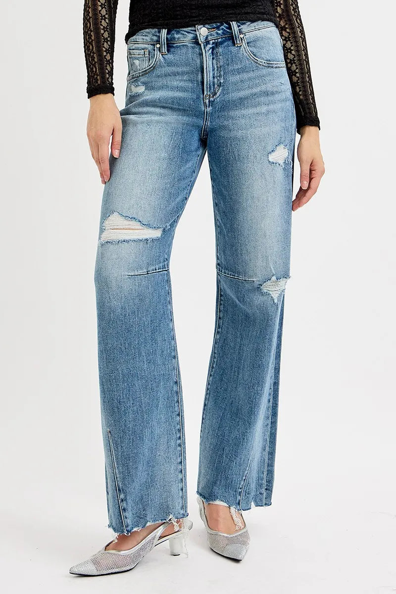 Mid Rise Fit Wide Baggy Tie-Washed Jeans