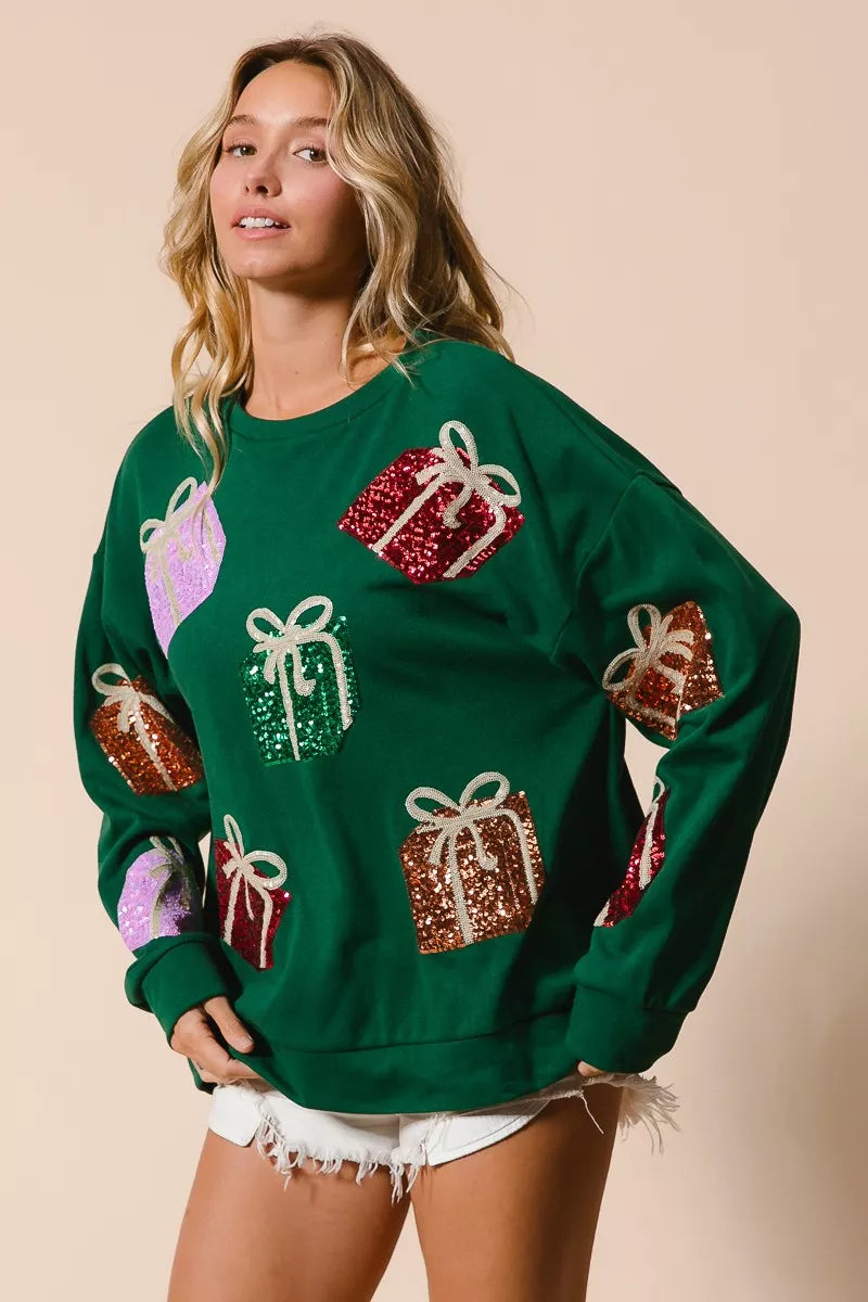 Sequin Christmas Gift Box Sweater