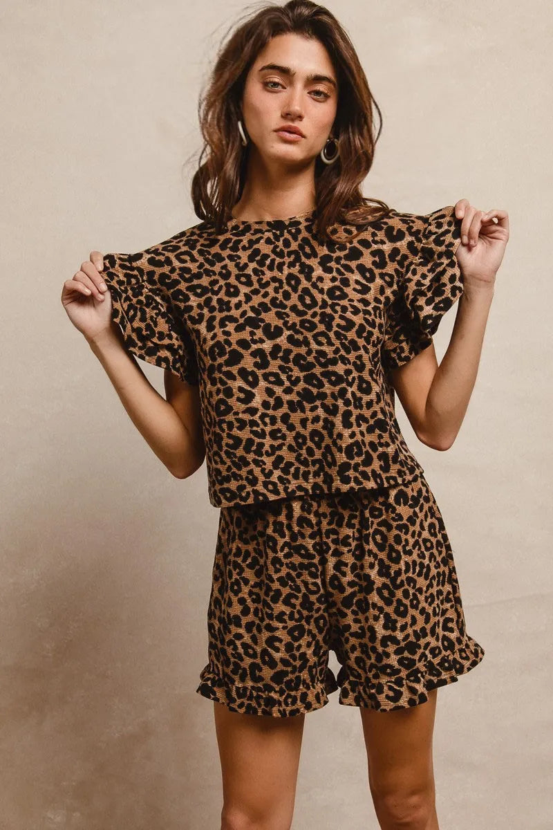 Leopard Print Waffle Texture Top and Shorts Set