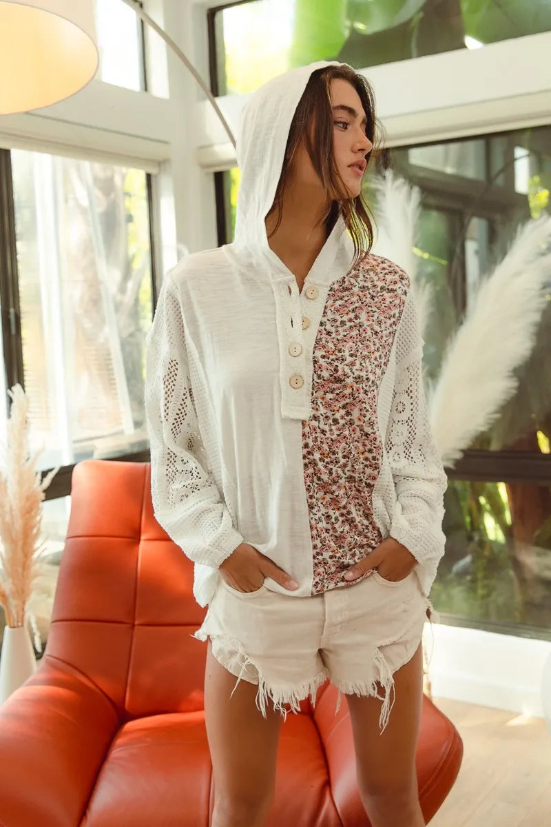 Slub Jersey with Lace Combo Buttoned Hoodie Top