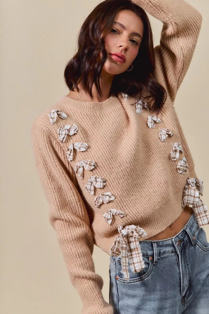 Plaid Tape Lace Up Ribbed Sweater