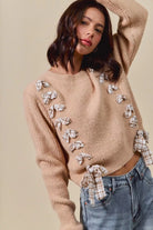 Plaid Tape Lace Up Ribbed Sweater