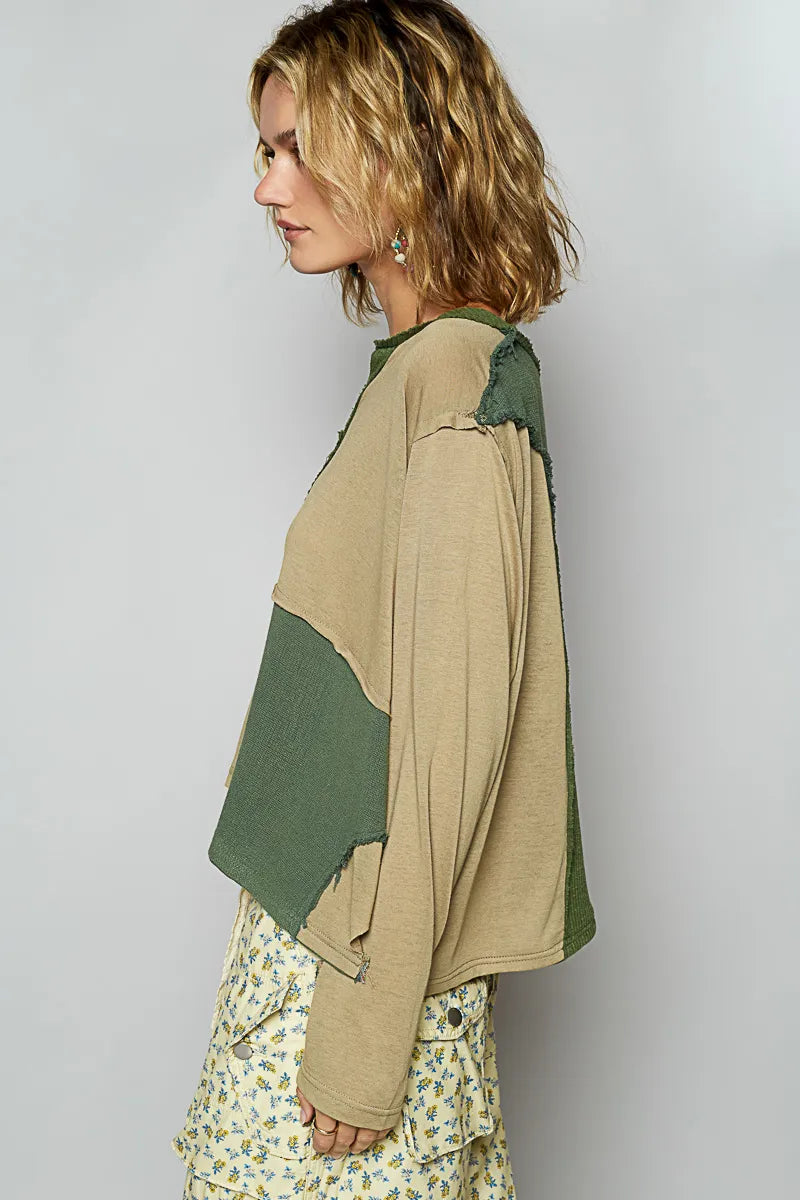 POL Color Block Notched Long Sleeve T-Shirt