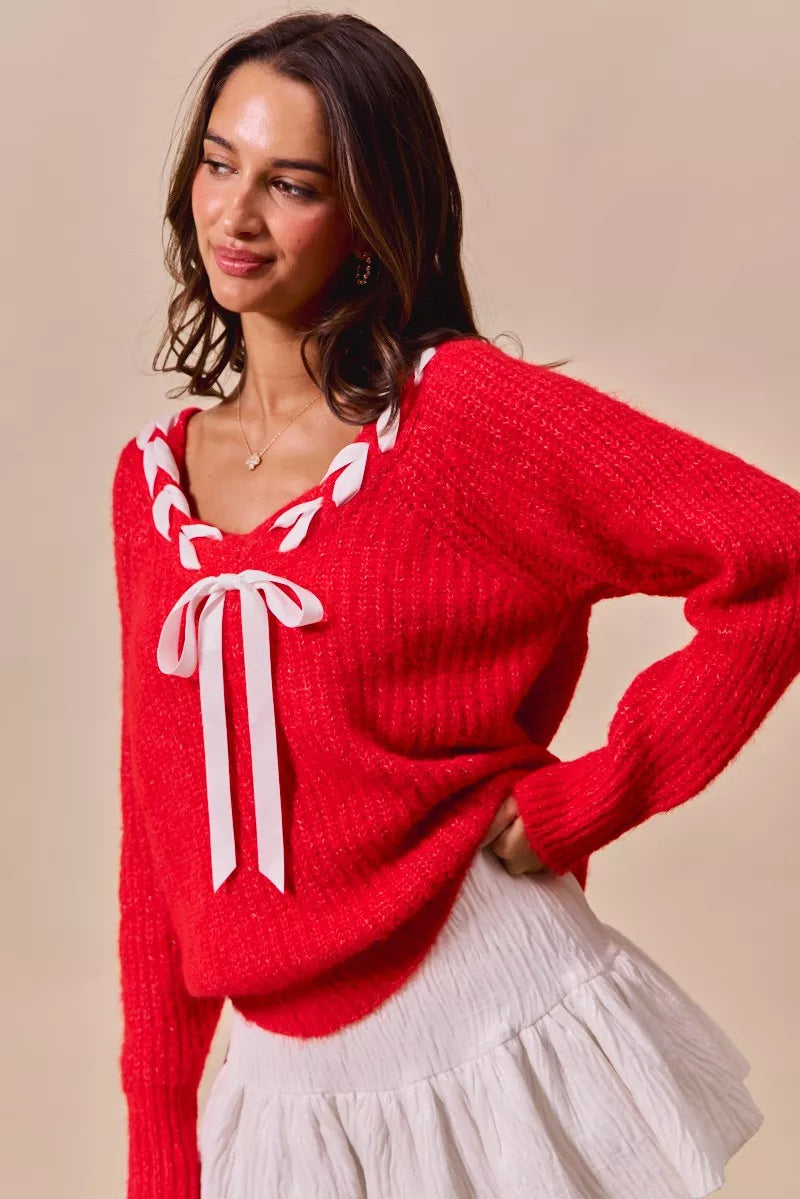 Ribbon Tie V-Neck Sweater