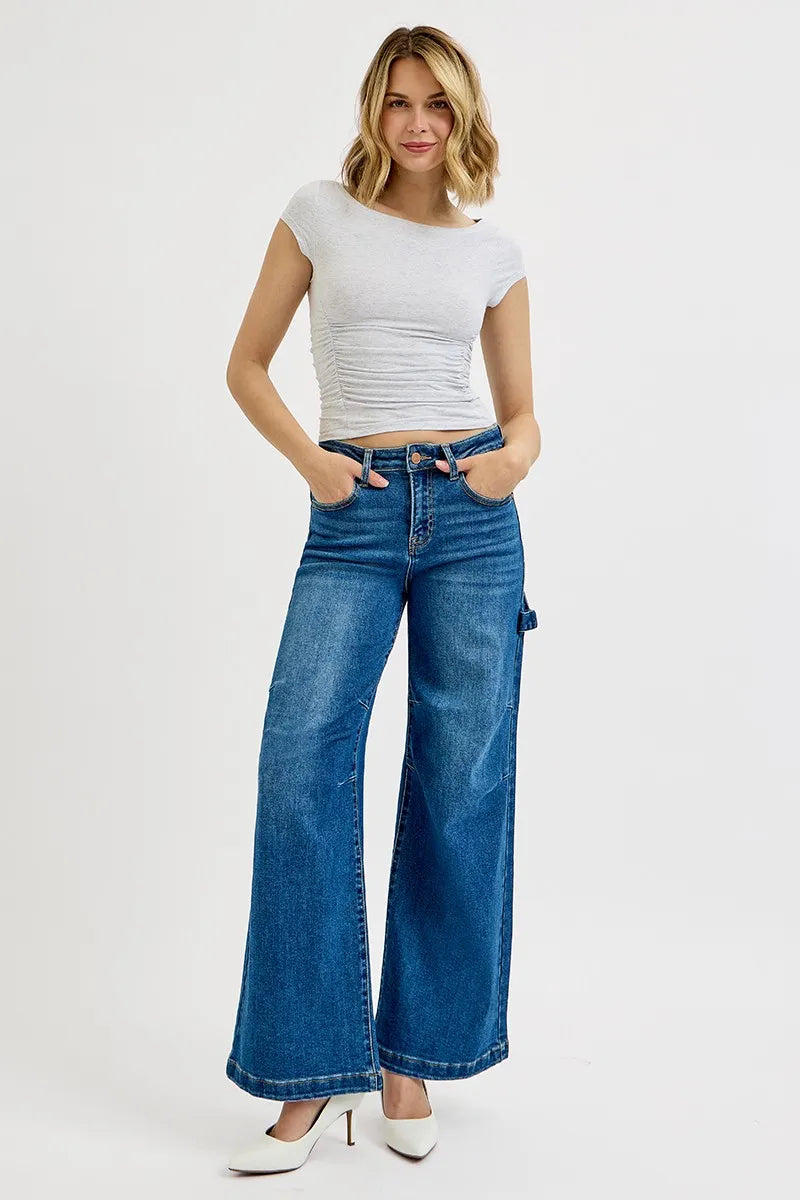 High Rise Wide Leg Patch Detailed Jeans