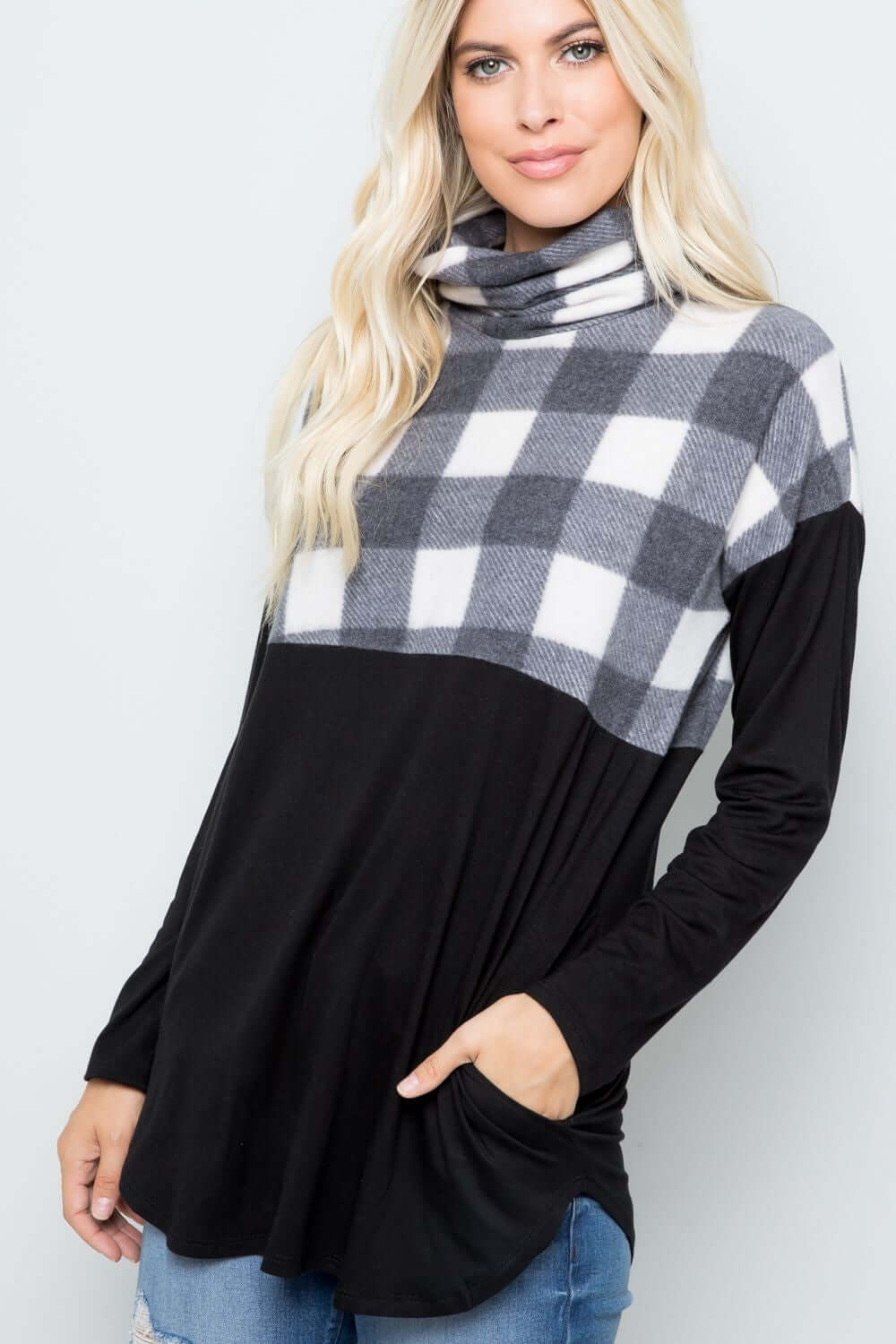 Plaid Turtleneck Long Sleeve Blouse