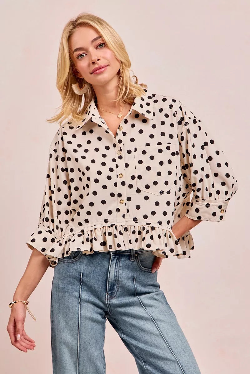 Polka Dot Peplum Top with Front Button