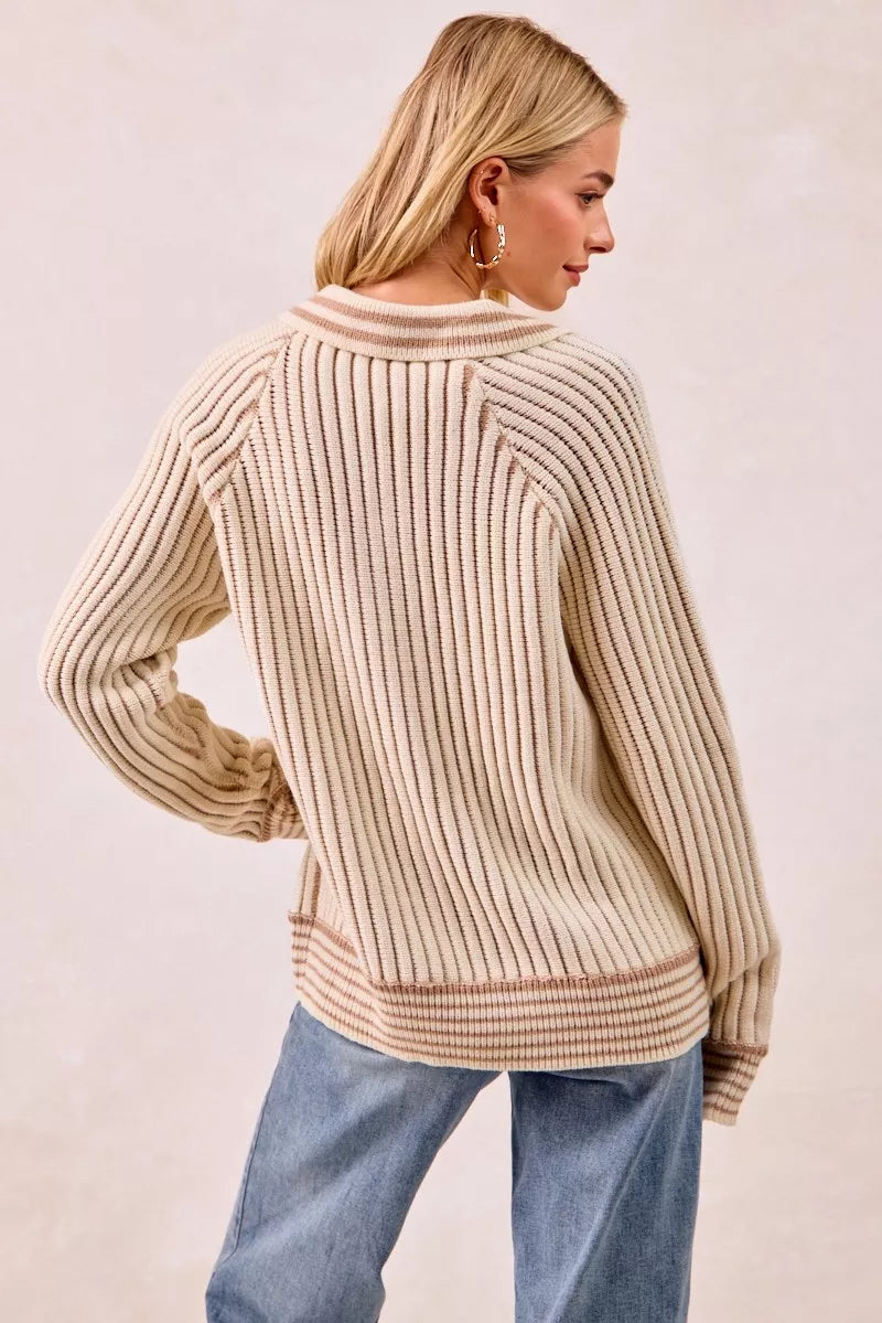 Half Button Ribbed Two Tone Sweater