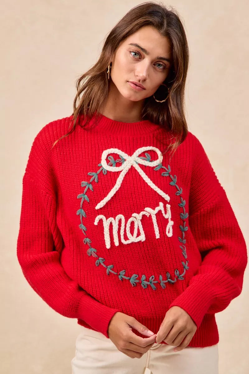 BiBi Christmas Wreath Merry Letter Knit Top