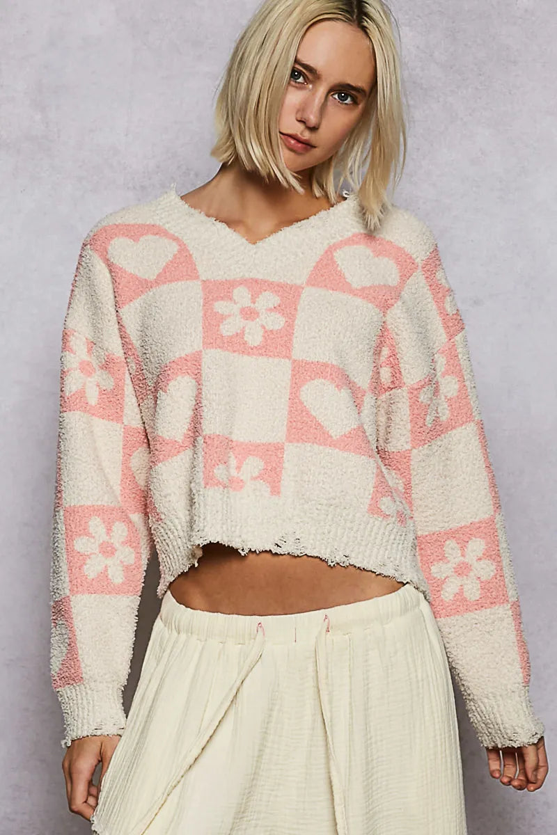 Heart Pattern Checkered Sweater