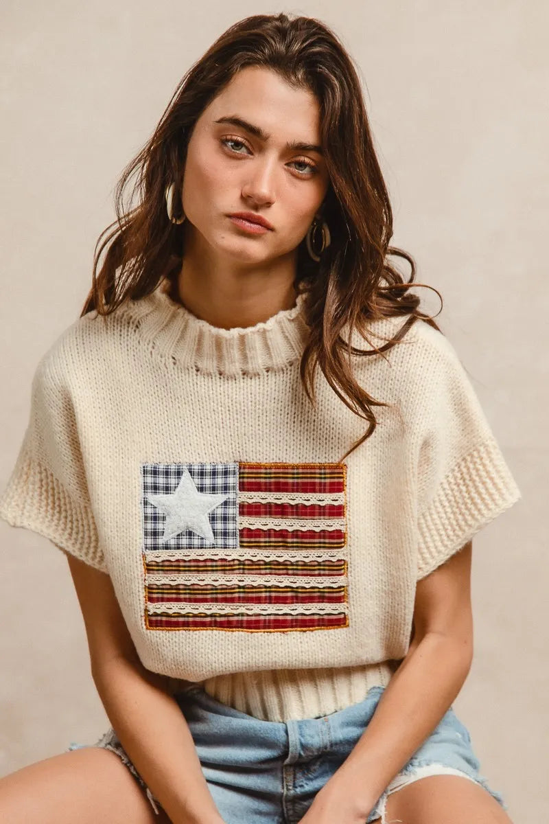 BiBi American Flag Patchwork Drop Shoulder Sweater