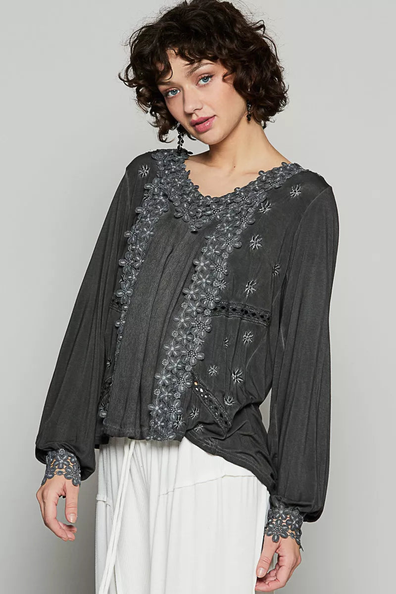 Floral Embroidery Woven Top with Lace Trim