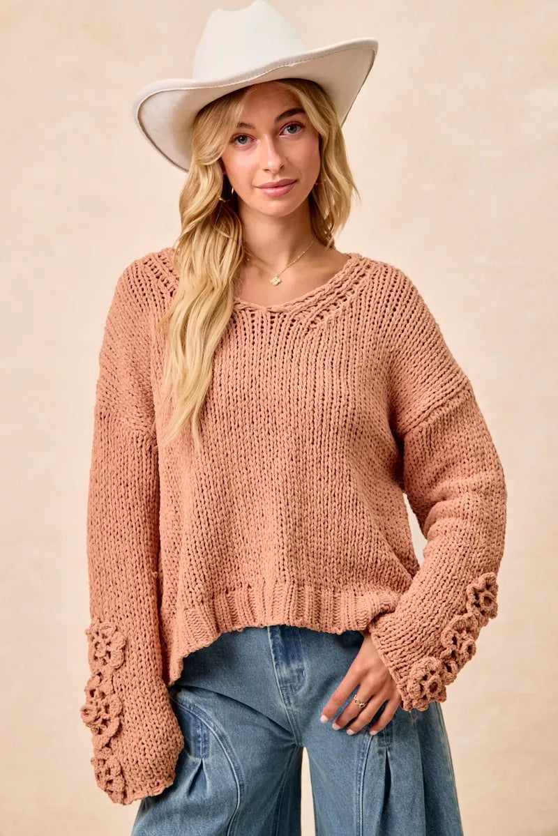 BiBi Chunky Knit Sweater with Flower Detail Sleeves