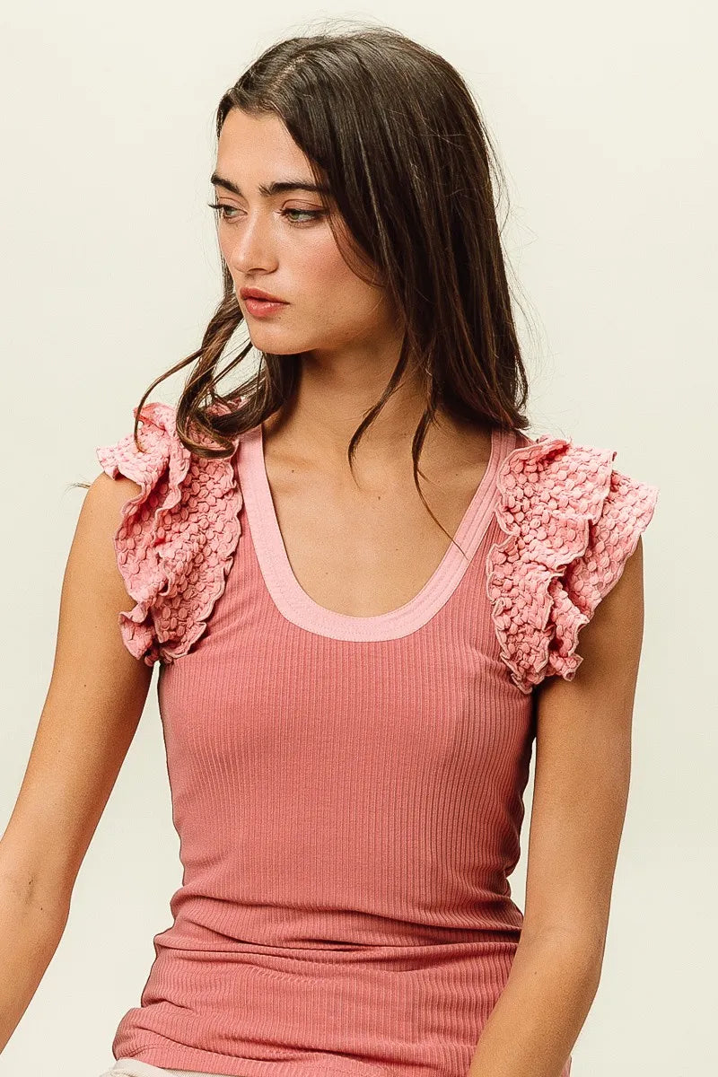 Rib Knit Ruffled Tank Top